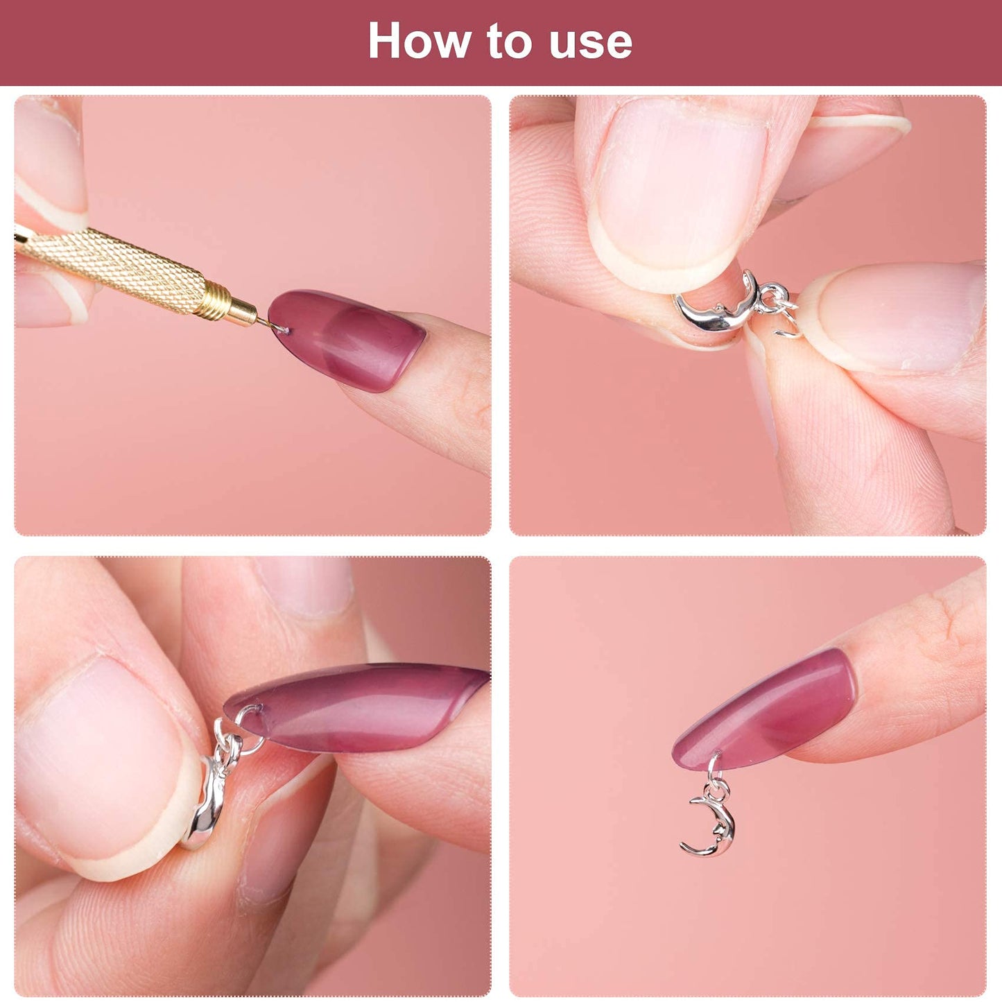 PAGOW 71 PCS Dangle Nail Art Charms, Nail Jewelry Rings with Nail Piercing Tool Hand Drill for Tips, Acrylic, Gels and Decorations