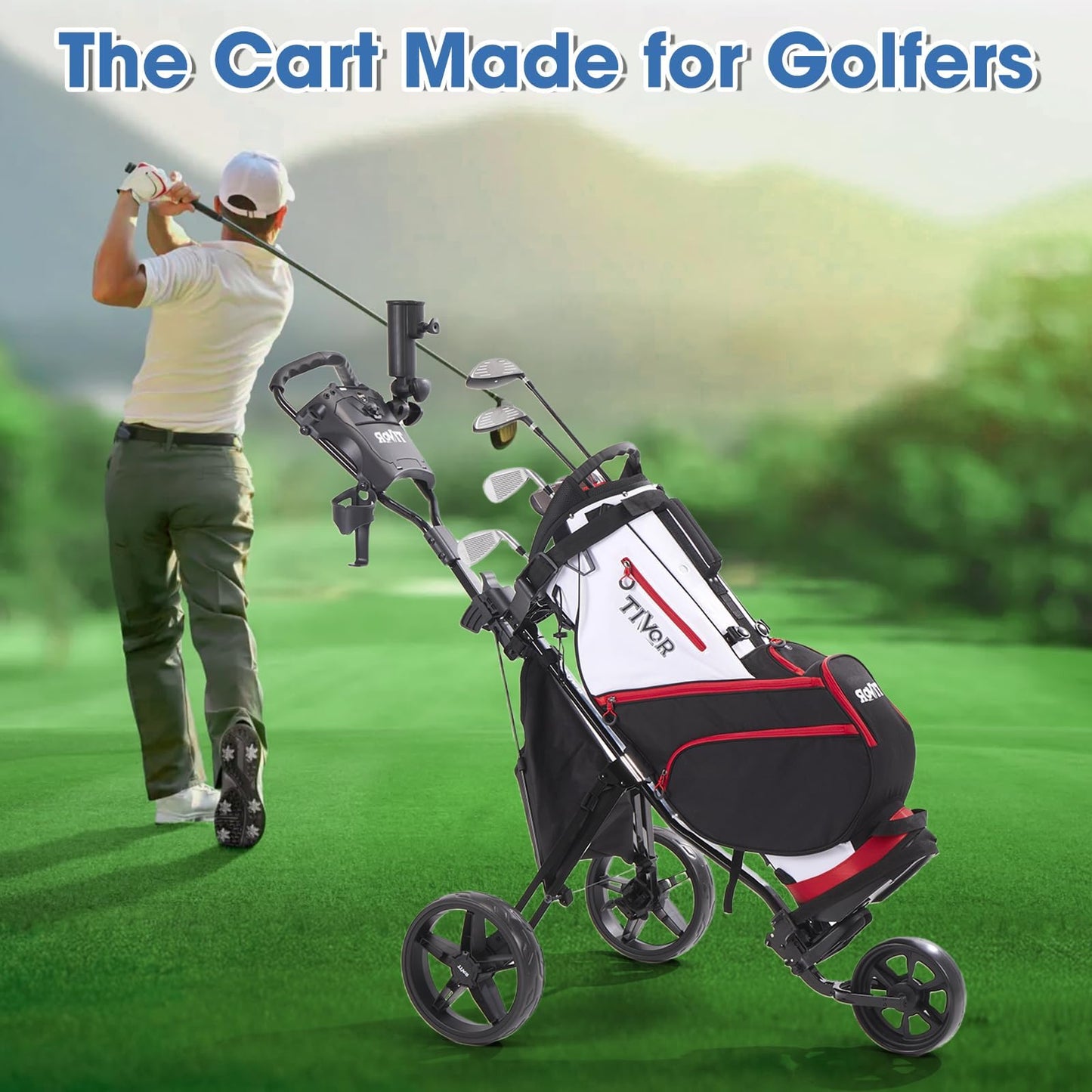3 Wheel Golf Push Cart,Lightweight Golf Pull Cart with Quad-Fold Frame,and Cleaning Kit Golf,Cooler Bag,Cup/Phone/Umbrella Holder Compact Golf cart-blue