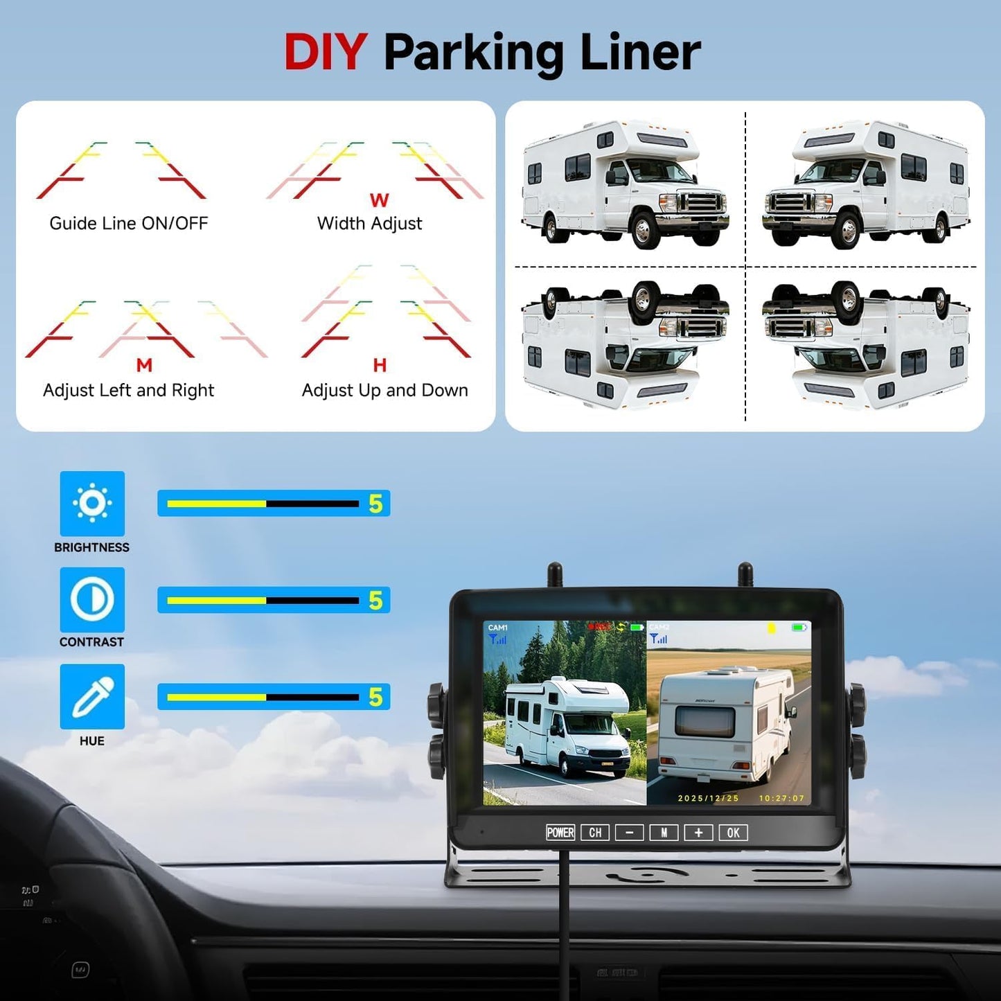 Venluna Dual Wireless Magnetic Backup Camera for Trailer - 7” 1080P HD 4CH Monitor with Solar 15000mAh Rechargeable Night Vision Rear Camera, DVR Loop Recording Waterproof No Delay for Truck,RV,Camper