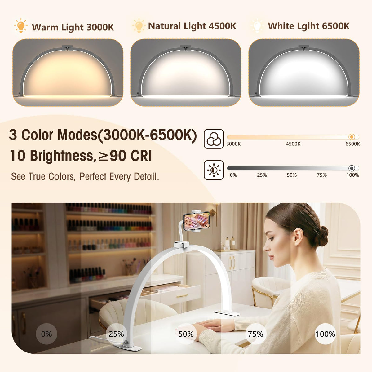 LIONVISON Half Moon Light for Desk: 29" Foldable Nail Light for Desk with Phone Holder - 3000K-6500K 3 Color Modes 10 Brightness for Salon Nail Technicians & Home DIY Manicure Enthusiasts (White)