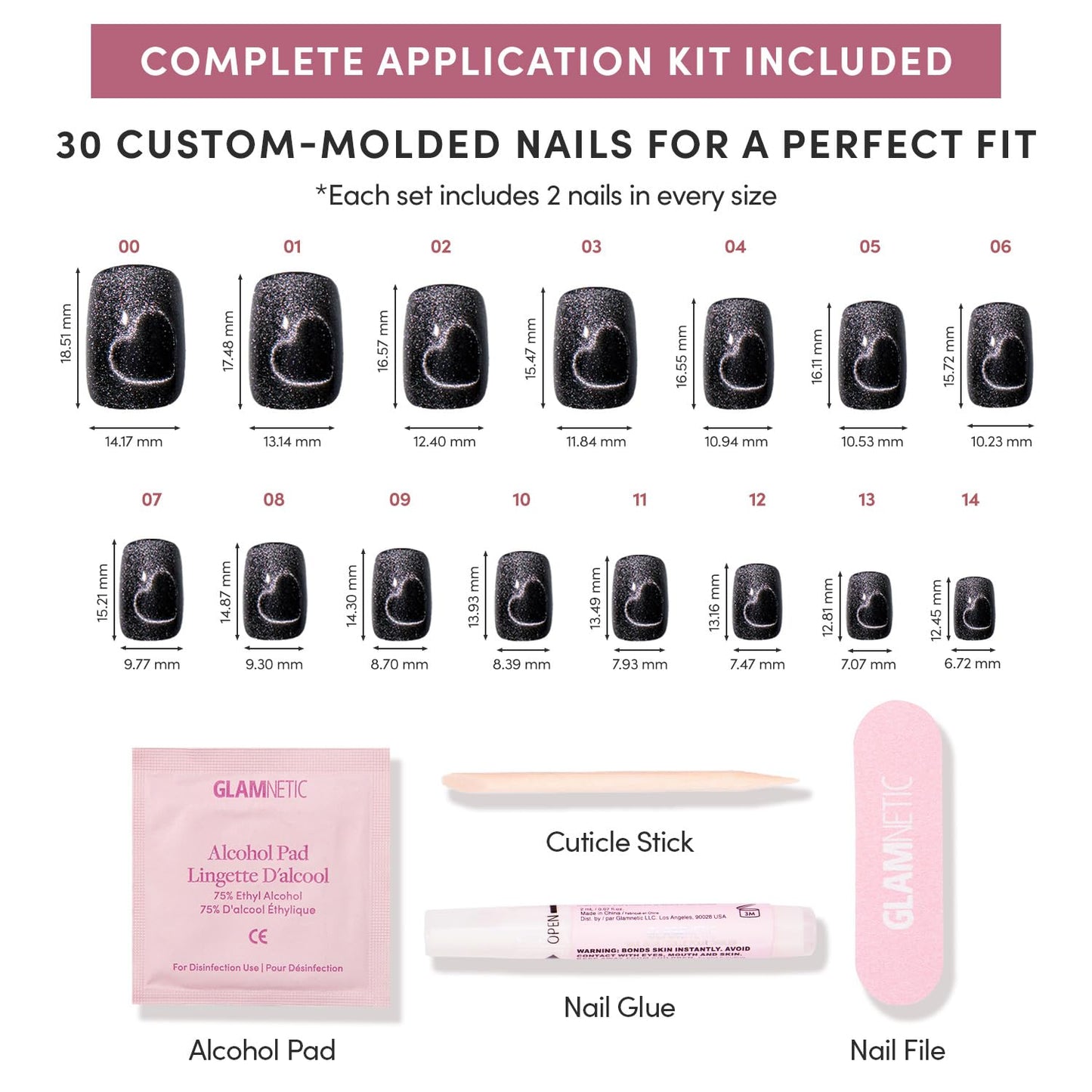 Glamnetic Press-On Nails Bundle - Midnight Romance, Berry Fizz & Hailey | Squoval Black Fake Nails with Magnetic Cat-Eye Design | Oval Magenta Nails with a Metallic Finish | Glazed Short A