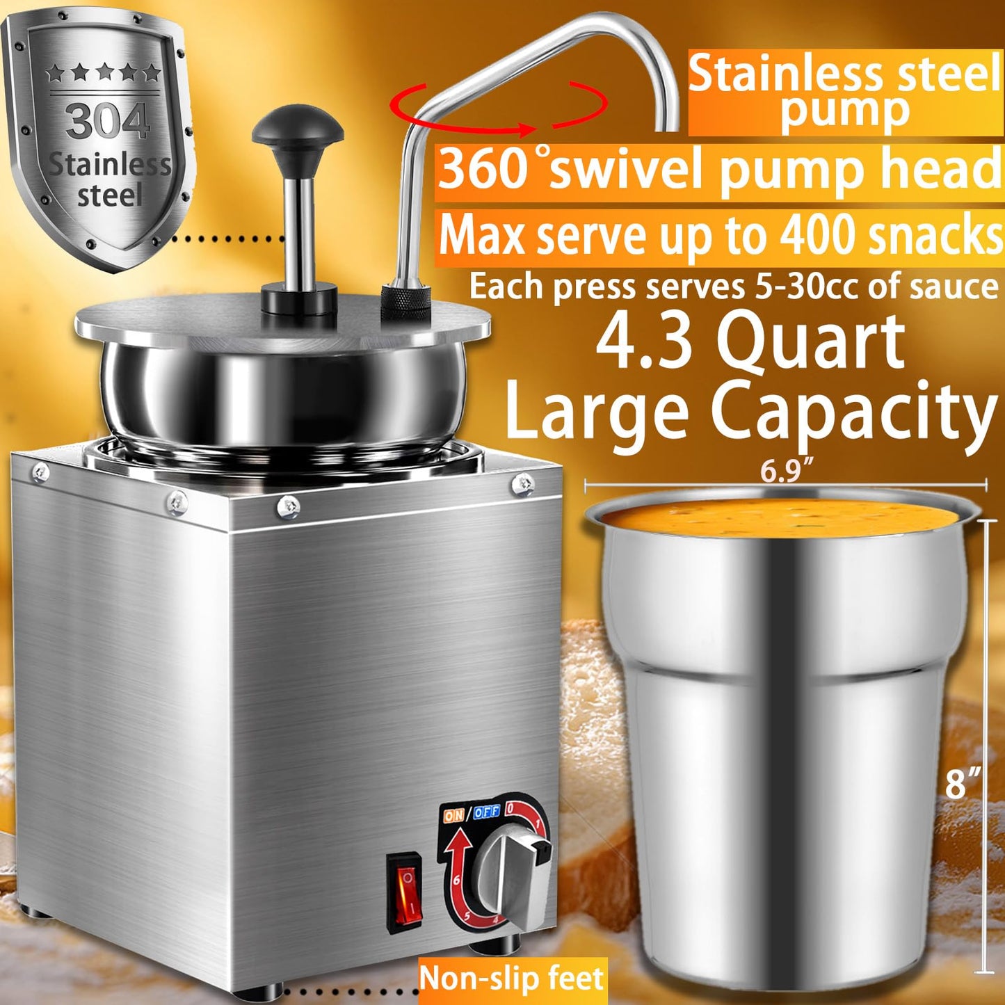 Nacho Cheese Dispenser with Stainless Steel Pump, 4.3 QT Sauce Warmer, 86-194℉ 6 Temperature Levels Adjustable Heater, Commercial Hot Fudge Chocolate, Hot Chili, Caramel, Peanut Butter Electric Warmer