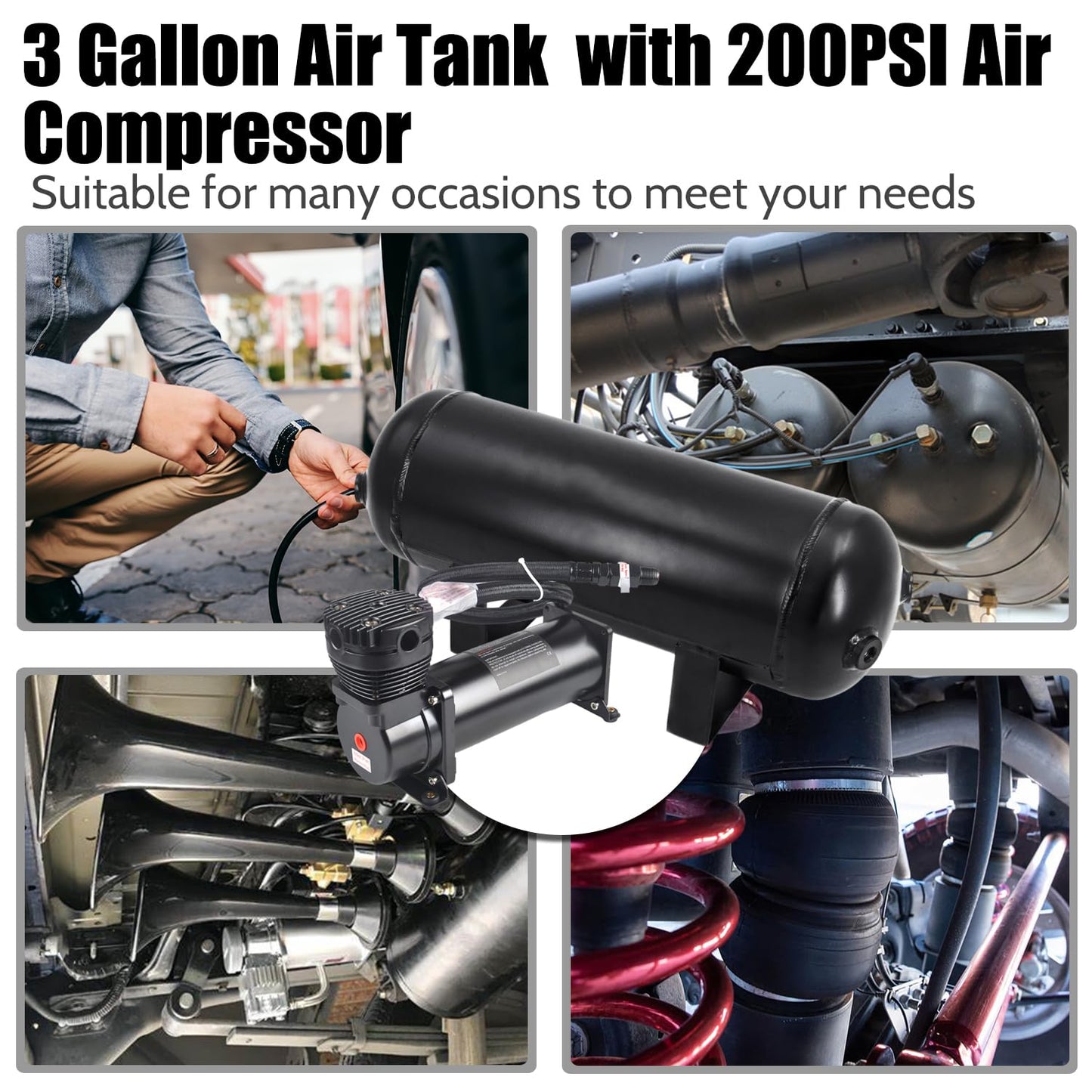 CNRAQR 3 Gallon Air Tank with 200PSI Air Compressor for Suspension/Air Ride/Bag/Car Train Truck Horn Aluminum 12 Liter Compressed air Storage Tank Onboard System Air Suspension Compressor Kit