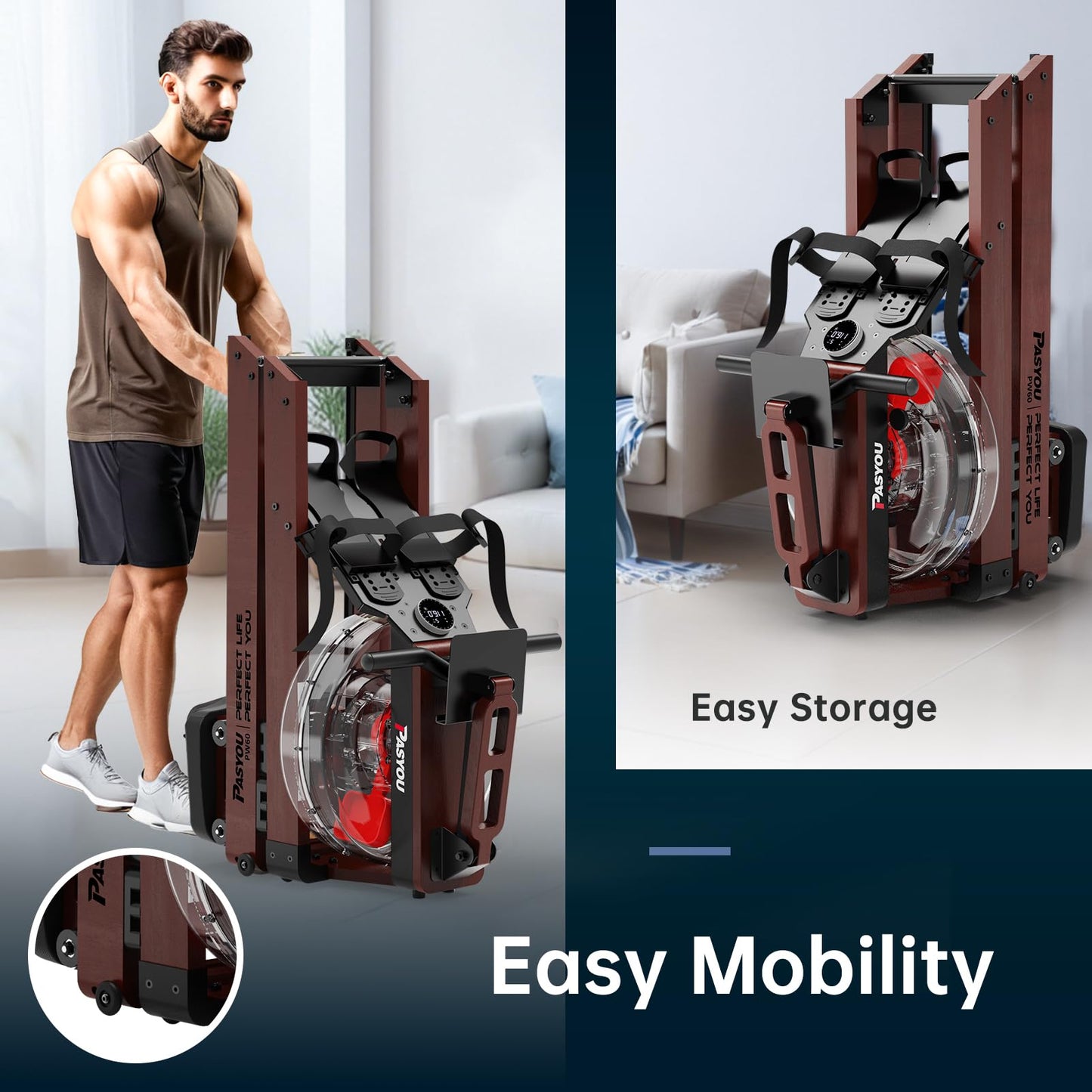 PASYOU Water Rowing Machines for Home Use Wood Rower Machine Foldable 350LB Weight Capacity, 6 Levels Adjustable Row Machines with Monitor & Tablet Holder & 14L Tank, Bluetooth with Kinomap APP PW60B