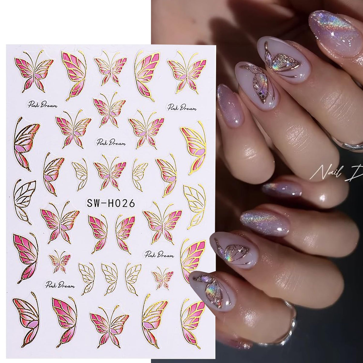 Spring Nail Art Stickers,Summer Flower Butterfly Nail Sticker Golden Edge Flower Petals Cherry Blossom Design, 3D Adhesive Sliders Manicure Decals Accessories for Women DIY Art Decorations