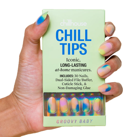Chillhouse - Chill Tips, Press on Nails Kit - Groovy Baby (Oval) - 30 Nail Shapes & Sizes - Up to 2 Weeks of Wear - Customizable Fit - Reusable - Latina Founded & Women Owned - Beauty & Self Care