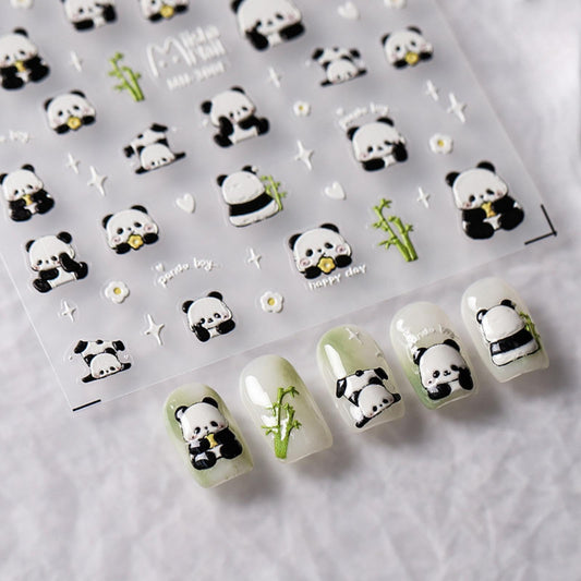 Panda Nail Stickers Cartoon Bamboo Nail Decals 5D Embossed Cute Animal Prints Nails Designs 3D Self-Adhesive Spring Nail Art Stickers Summer Nails Decoration Accessories for Women Manicure 1 Sheet
