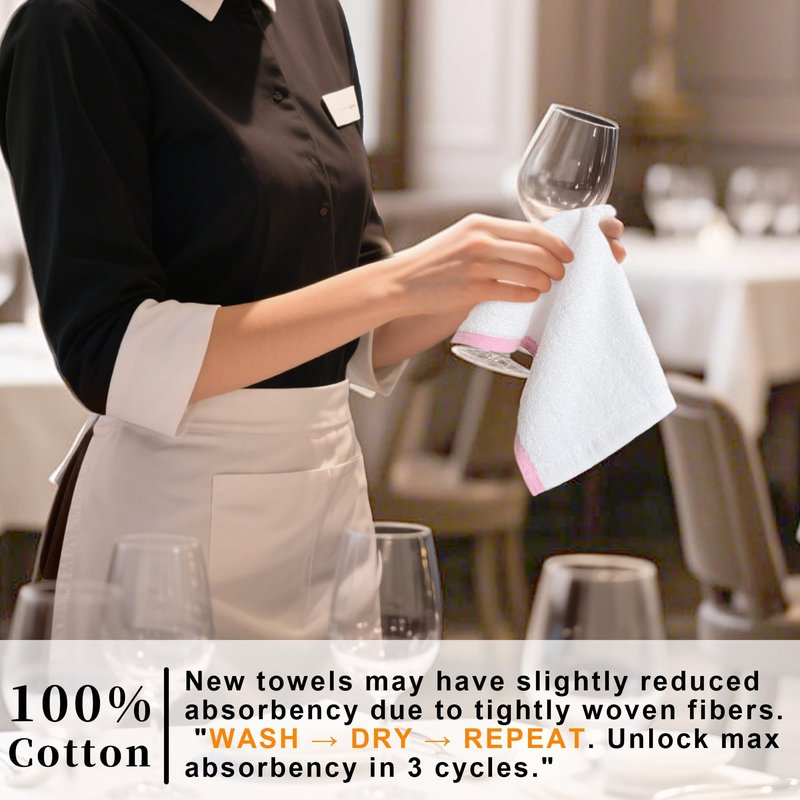 White Bar Rags, 60 Pack Reusable Cleaning Rags (12"x12") - 100% Cotton | Thick 500GSM | Odor-Free | Soft | Absorb, Washable Dish Cloths for Washing Dishes, Bar Mop Towels, Green + Pink Trim
