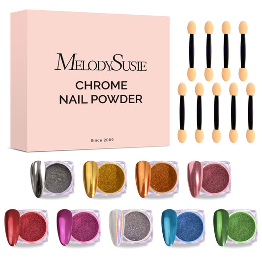 MelodySusie 9Pcs Chrome Nail Powder for Gel Nails,Metallic Mirror Effect Pigment Stylish and Technological Fine Glitter for Home DIY Salon Use