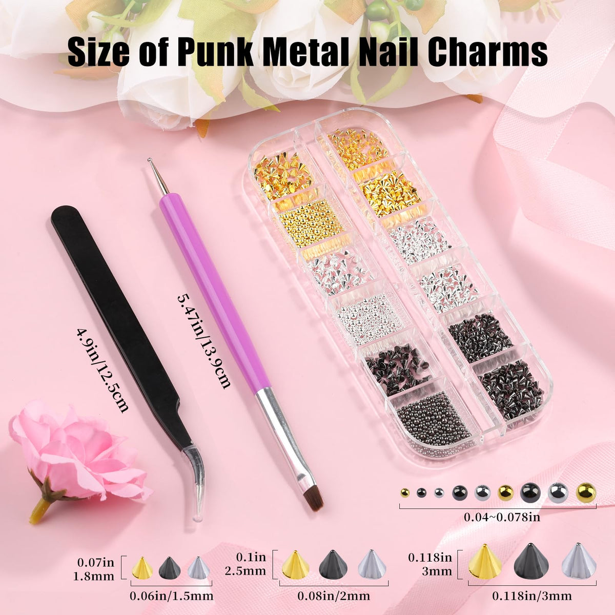 3D Mini Metal Punk Nail Art Studs, Mixed Sizes Gold Silver Black Alloy Cone Spikes Rivets Steel Beads Balls Goth Nail Charms with Tweezers & Dual-end Brush for Nails DIY Crafts Decorations (17-K1)