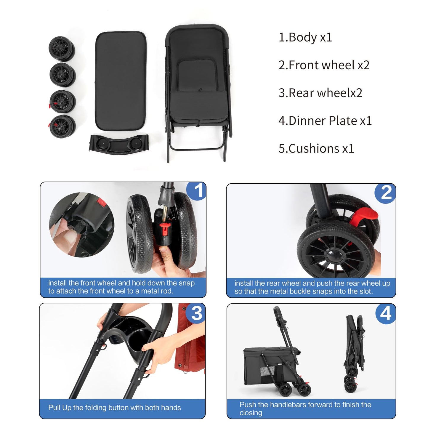Pet Stroller Cat Dog Stroller Travel Folding Pet Carriers（Black）