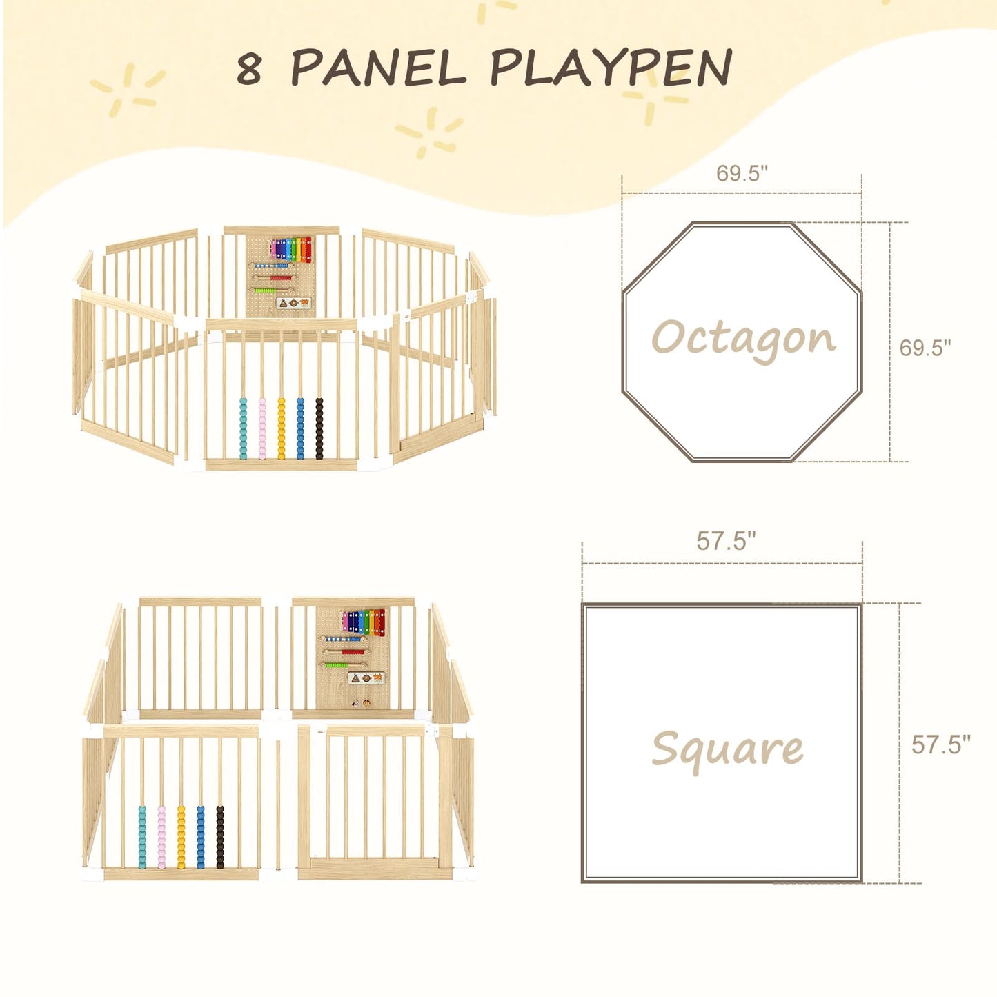EXPERLAM Baby Playpen - Wooden Playpen for Babies and Toddlers, Foldable Play Pen with Locking Gate, Portable Baby Fence with Adjustable Shape and Size, Extra Large Toddler Play Yard (58X58x23.5Inch)