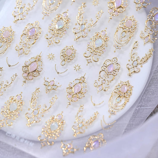 Gold Nail Stickers for Nail Art 5D Embossed Gemstone Nail Art Stickers Gold Mace Nail Decals Self-Adhesive Nails Design Supplies for Women Girls DIY Manicure