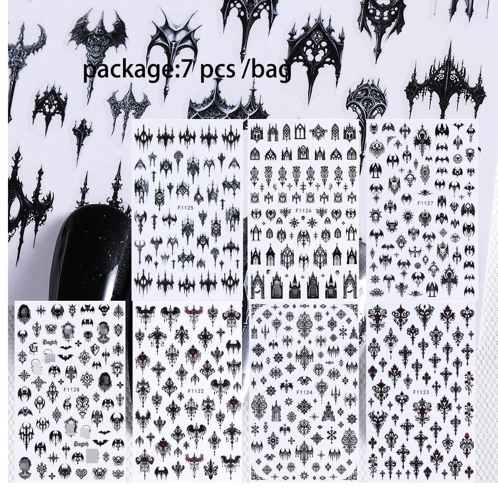 7 Sheets Black Gothic Nail Stickers for Nail Art, 3D Self-Adhesive Witchy Halloween Nail Decals, Nail Supplies Nail Art Designs Accessories for Women and Girls Manicure DIY Decoration