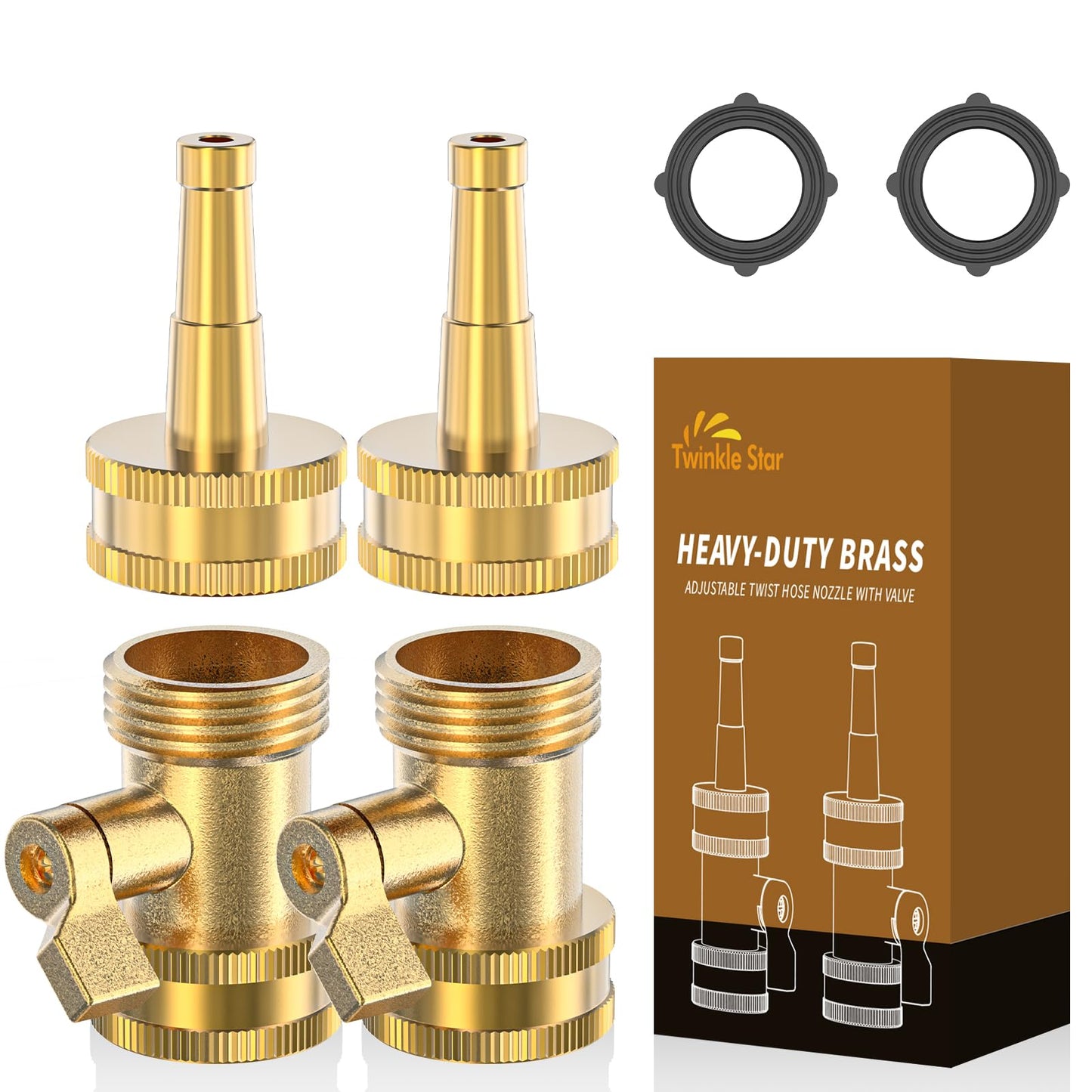 Twinkle Star Brass Hose Nozzle 4 Pack, Jet Nozzle High Pressure Hose Nozzle with Leakproof Shut off Valve, Upgraded Valve Handle, 3/4â GHT Nozzles for Garden Hose, Car Wash, Extra 2 Rubber Washers