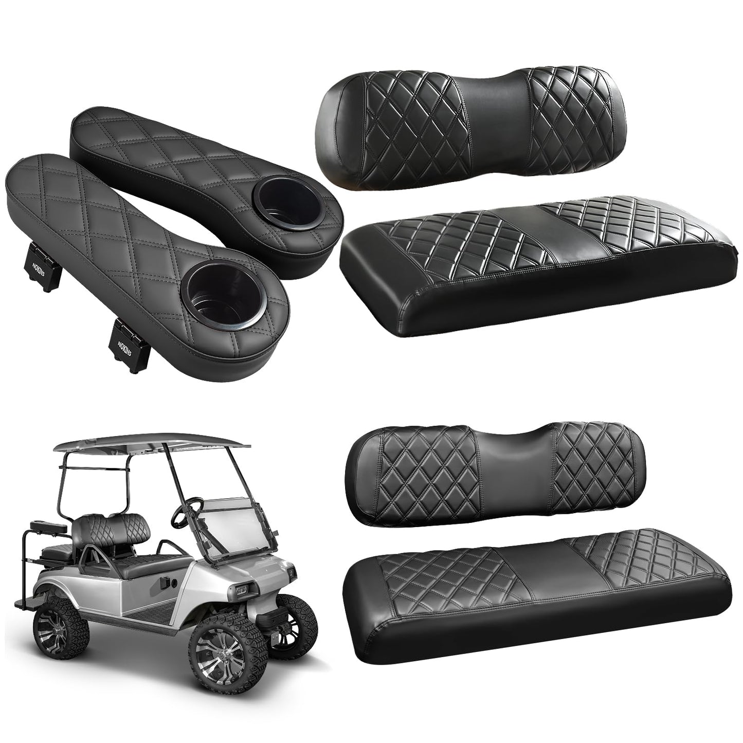 NOKINS Golf Cart Seat Covers for Club Car DS 2000.5-Up,Vinyl Front&Rear Seat Cover with Flip-Up Armrests kit,with Cup Holder, for 1" Square Tube(Black&Black Stitching)