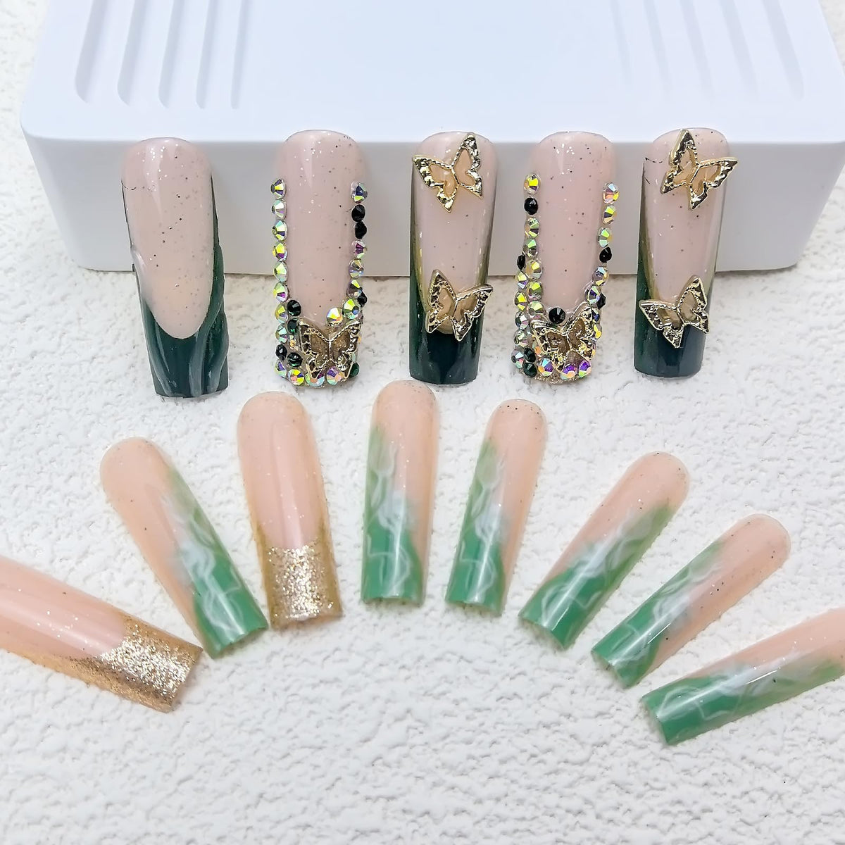 Green French Tip Press on Nails Long Coffin fake Nails Gold Glitter False Nails with Gold 3D Butterfly Designs Sparkly Artificial Nails Cute for Women Girls Nails Decoration 24 Pcs