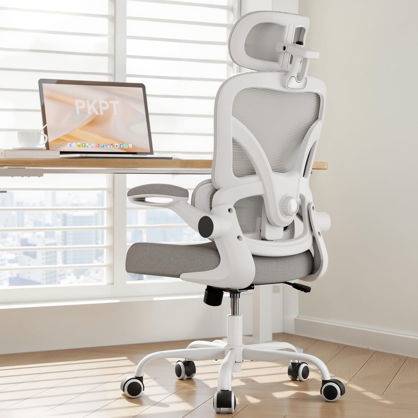 PKPT Ergonomic Office Chair, 330LBS Desk Chair with 3-Level Lumbar Support & Headrest, Breathable Mesh Backrest, Flip-Up Armrests for Home Office and Gaming, White and Gray
