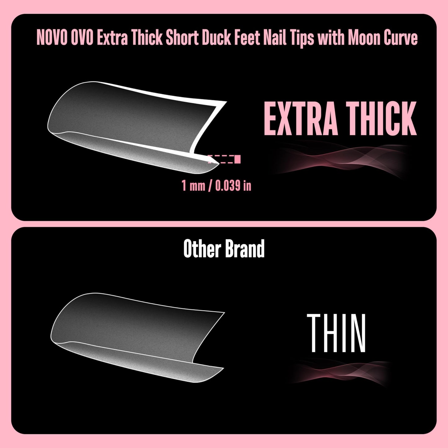 NOVO OVO Halloween Extra Thick Short Duck Feet Nail Tips with Moon Curve Full Cover Press on Acrylic, Clear Pre-Etched Matte Flare Wide French Soft Gel Fake False Nail Extension x 15 Sizes 510 pcs