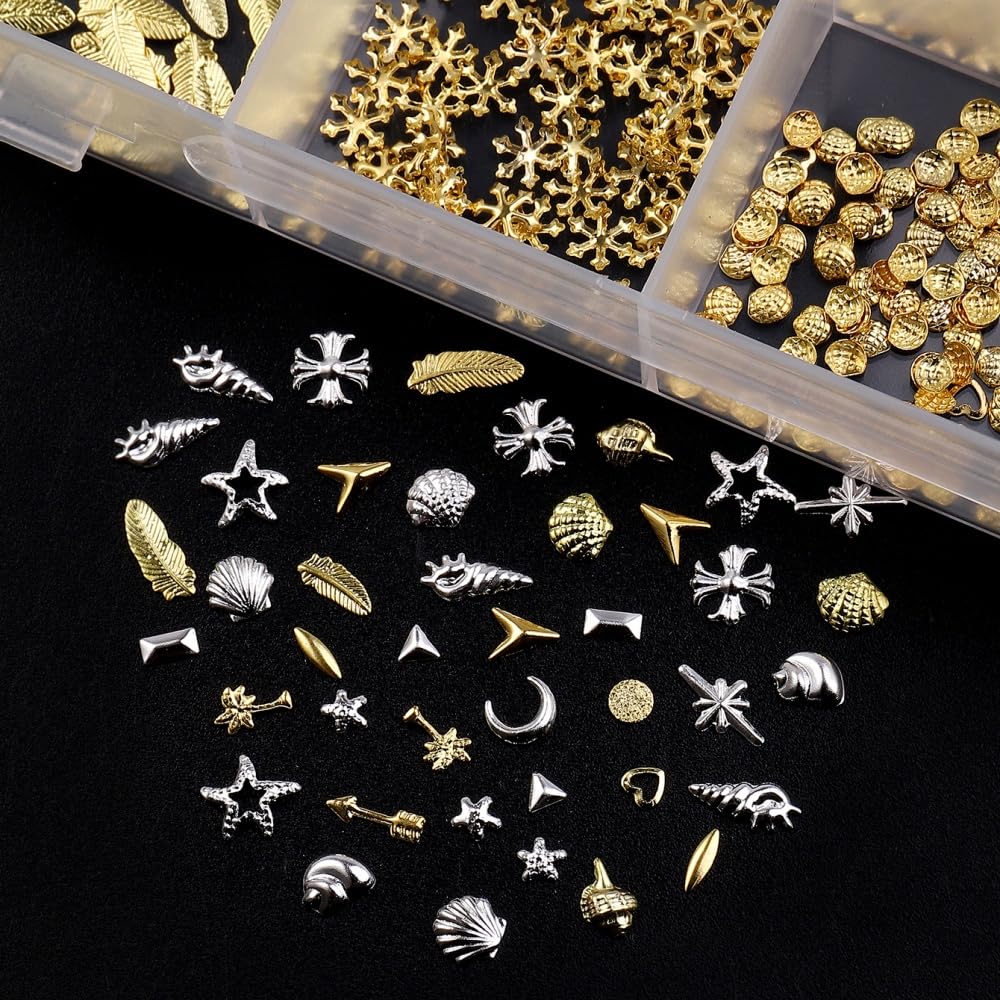 Gold Silver Nail Charms 3D Alloy Flower Nail Gems Metal Moon Star Nail Jewels Multi-Shapes Ocean Beach Starfish Seashell Leaf Nail Art Supplies with Tweezer for Women DIY Acrylic Nail 24 Grids 1 Box