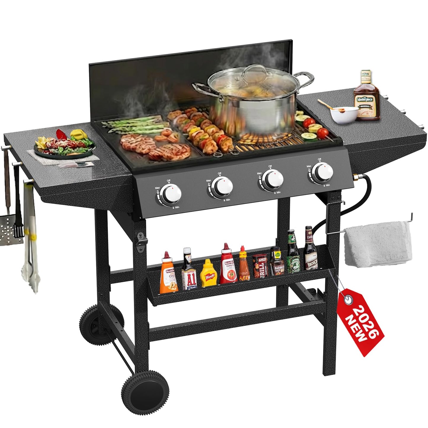 3 in 1 Propane Griddle Grill Stove Combo,4-Burner Propane Gas BBQ Grill with Porcelain-Enameled Cast lron Grates & Plate, 52,000 BTU Barbecue Combo Grill for Outdoor Cooking Camping Patio Backyard