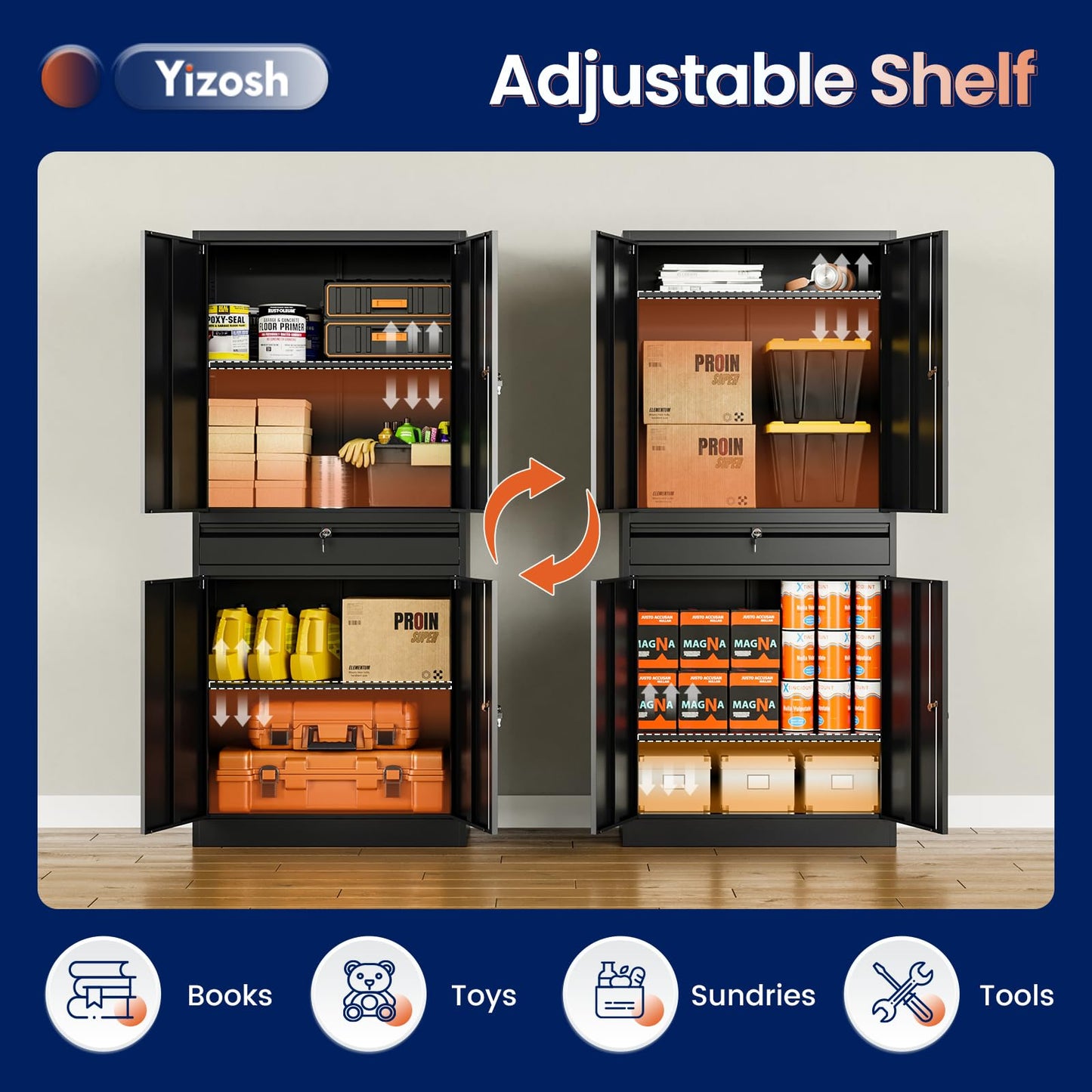 Yizosh Metal Garage Storage Cabinet with Locking Doors and Adjustable Shelves, 71" Tool Storage Cabinet with 1 Drawer for Garage,Warehouse (Black)