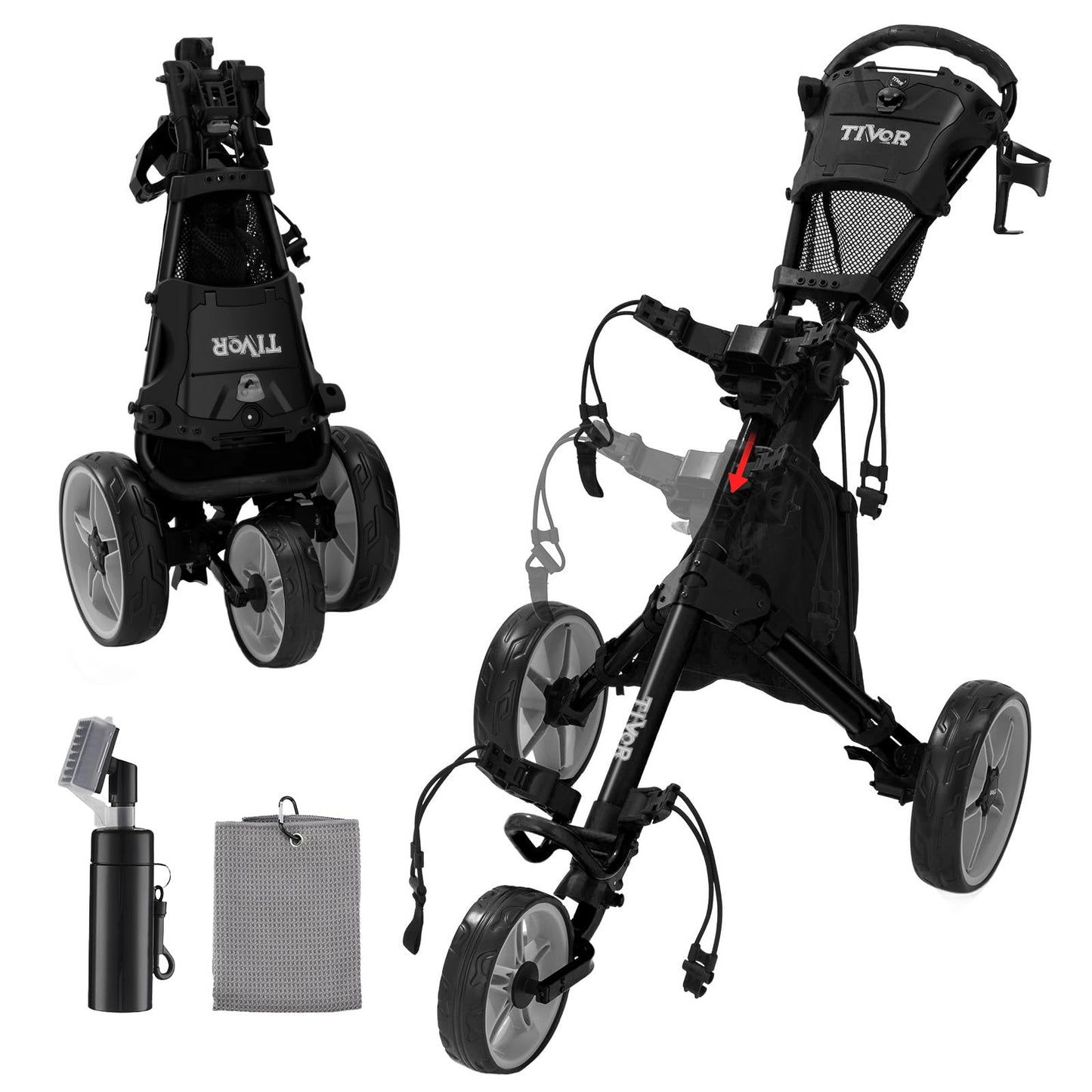Tivor 3 Wheel Golf Push Cart, Lightweight Push Cart Golf One-Click Folding, Adjustable Height Pushcart for Golf Bags, Compact Design for Ladies, Junior Golfers