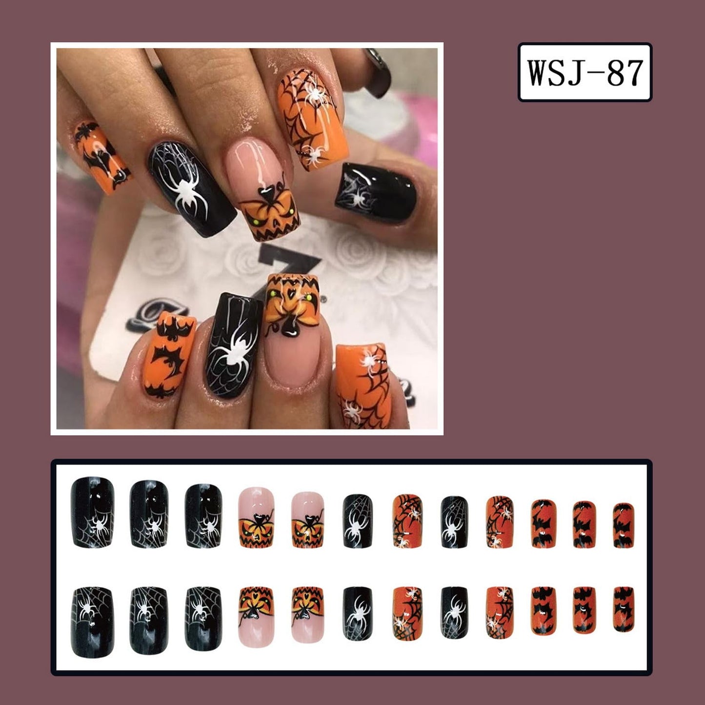 Halloween Press on Nail Medium Length Square Fake Nails Orange Black with Pumpkin Spider Web Bat designs Halloween False Nails Full Cover Glossy Reusable Acrylic Press ones for Women Party Manicure