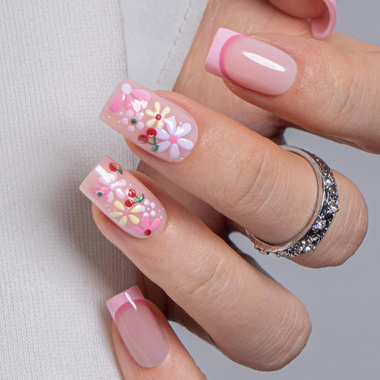 CurvLife Soft Gel Press On Nails Square, Long-Lasting 30Pcs Reusable Stick On Fake Nails Kit with Glue Tabs, Glossy Salon-Style Manicure for Women Teens Beginners, At-Home (Pink Meadow)
