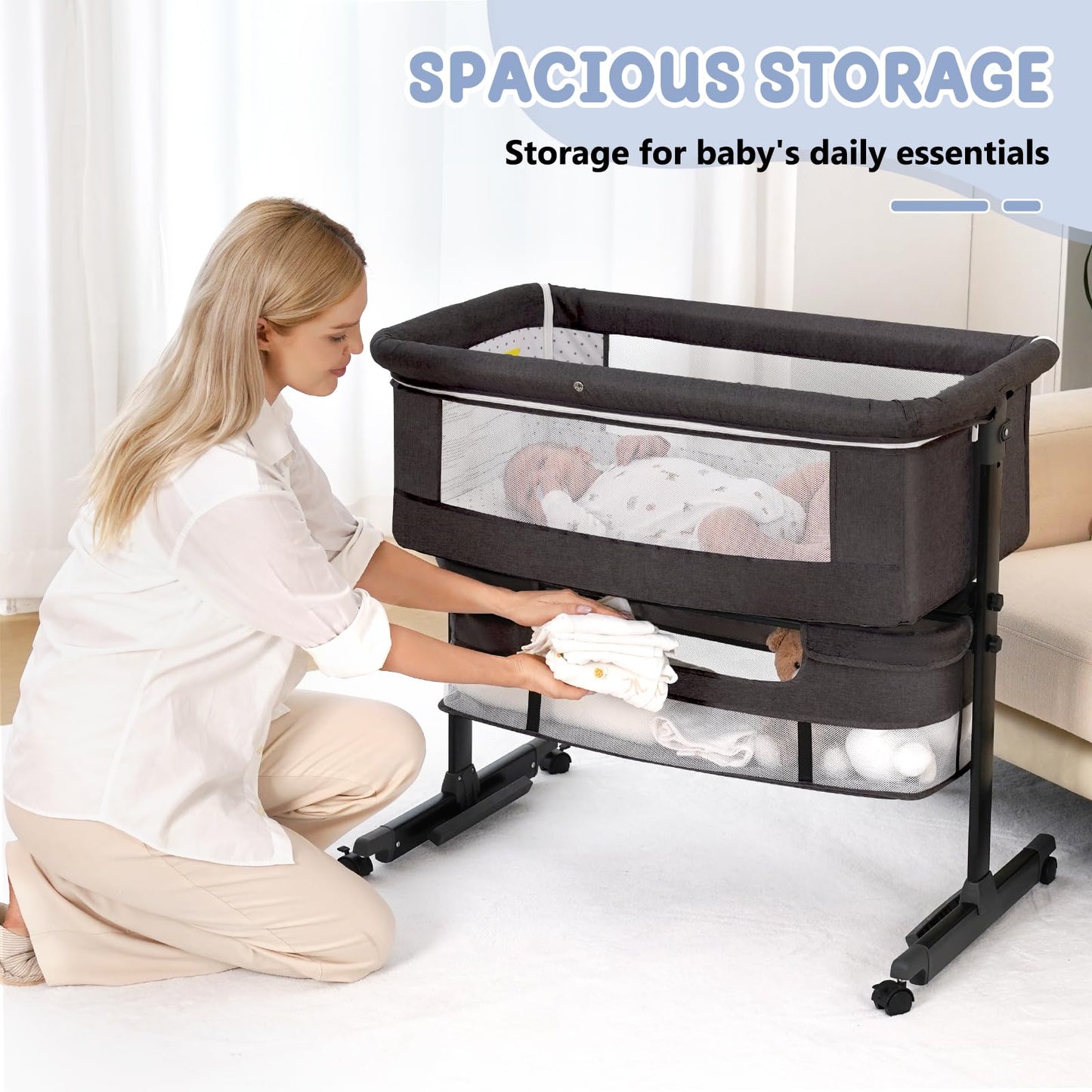 Baby Bassinet, 3 in 1 Bedside Bassinets for Baby, Bassinet Bedside Sleeper with Wheels, Adjustable Height with Rocking Mode, Breathable Mesh, Storage Basket, Easy Assemble & Folding (Dark Gray)
