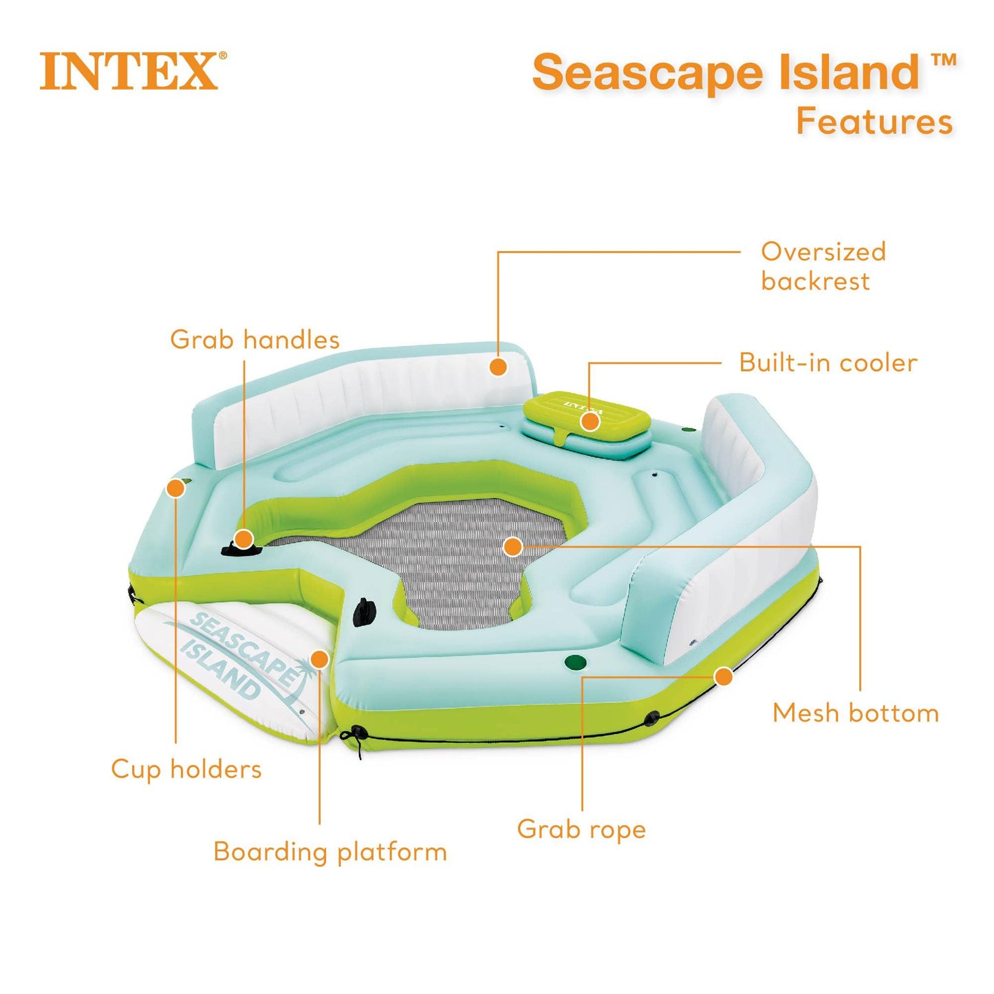 Intex Seascape Inflatable Island Float Ultimate Water Hangout Lounge with Built In Cooler Area, Cup Holder, and Oversized Backrests for Adults