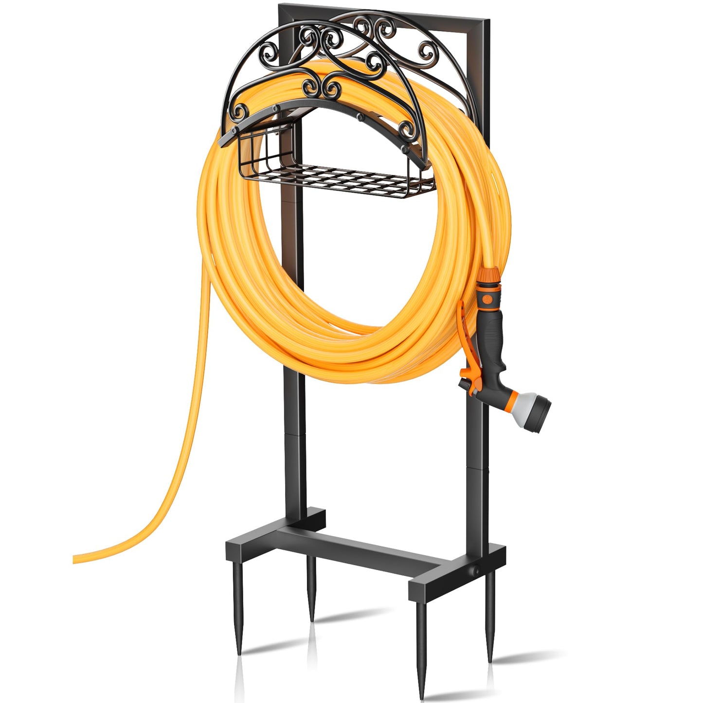 Gayuteay Garden Hose Holder â Water Hose Reel Stand with Storage Basket Holds 151ft, Heavy Duty Freestanding Garden Hanger Storage Rack for Outside Yard Lawn Farm