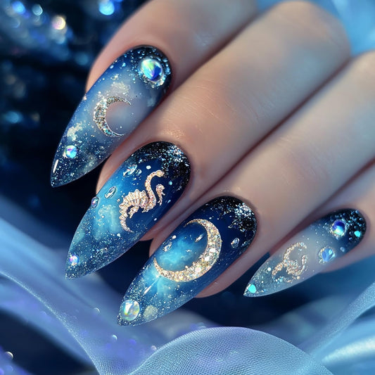 24Pcs Dark Blue Starry Sky Press on Nails Medium Almond Shaped Moon Planet Pattern Design Handmade False Nails Full Cover Glossy Acrylic Atrificial Fingernails Blue Smudge DIY Stick on Nails for Women