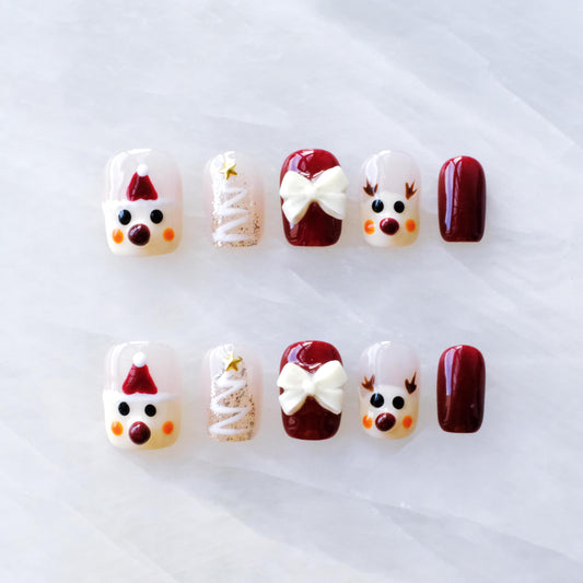 [GLORS] Christmas Press-on Nails, Short Square Festive Design, Holiday Nail Art Set with Reindeer and Bow, 10 Pieces (XS, SS)