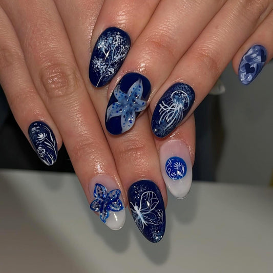 Medium Press on Nails Almond Fake Nails Blue Artificial Nail Seeneey Floral Designs Beach Stick on Nail for Women 24pcs