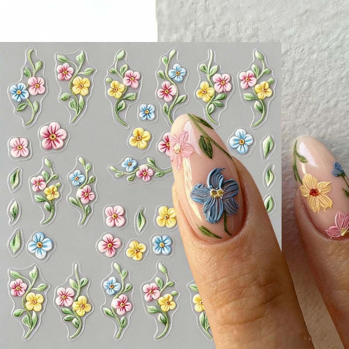 3 Sheets Flower Nail Stickers Green Leaf Nail Decals 5D Self-Adhesive Yellow Blue Pink Floral Nail Art Stickers Spring Summer Nail Decoration for Women DIY Manicure Supplies