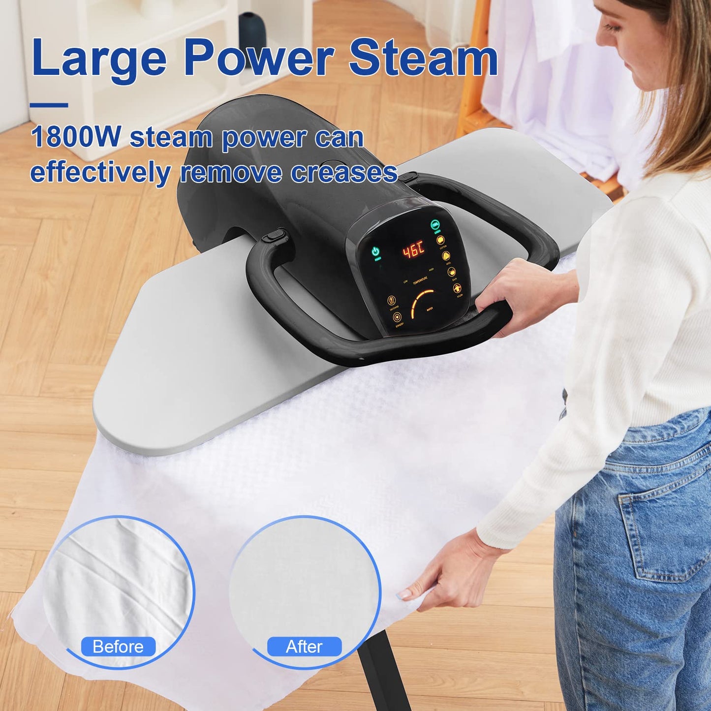 34" Large Steam Iron Press with LED Touch Screen, 1800W Steam Press with 5 Fabric Settings Language Conversion and Voice Prompts, Iron Press with Spray Bottle and Press Pad for Home Business