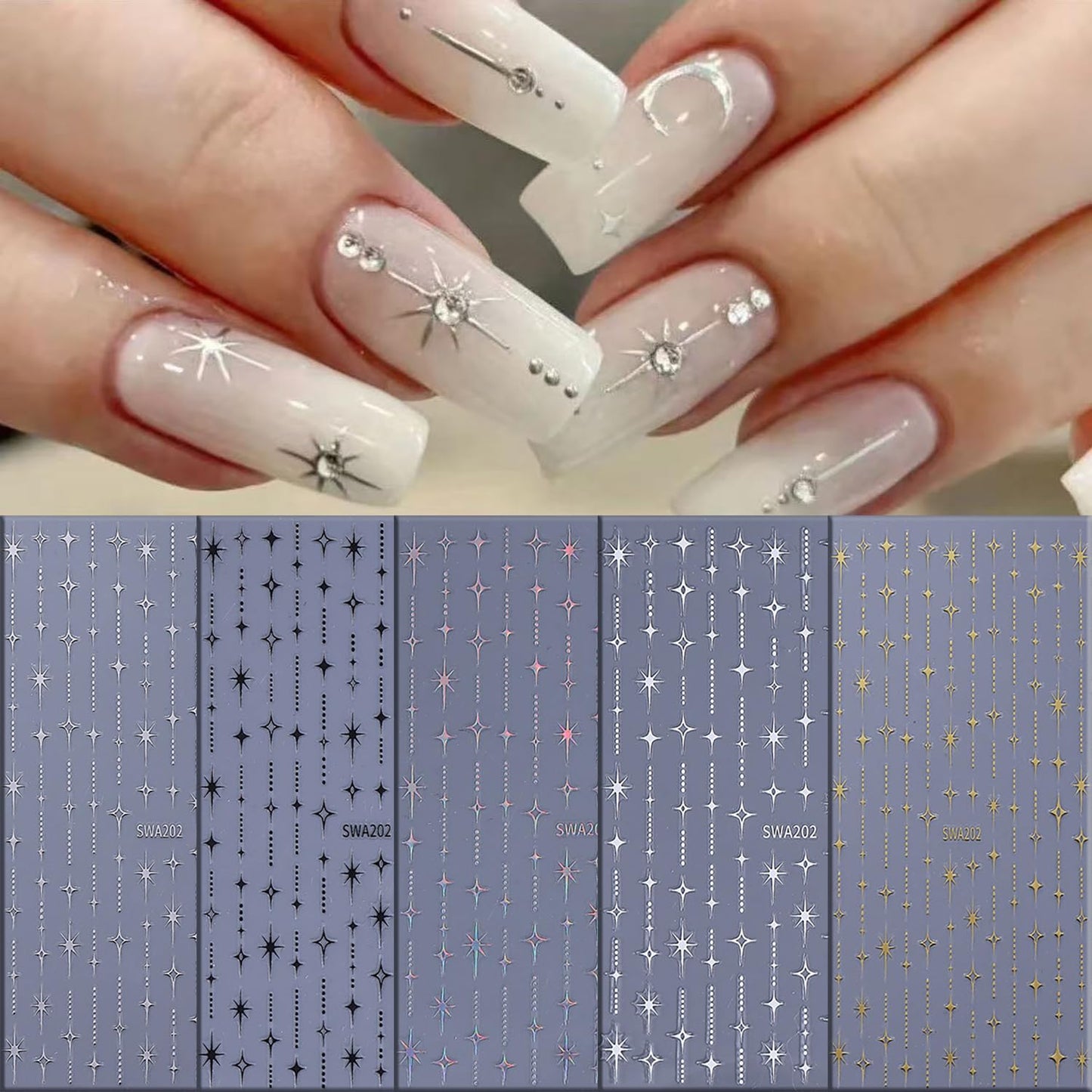 CJDLTS 6 Sheets Stars Nail Art Stickers 3D Self -Adhesive Gold Silver White Black Laser Stars Nail Decals Holographic Glitter Starlight Nails Stickers for Women Acrylic Nails Decoration Supplies
