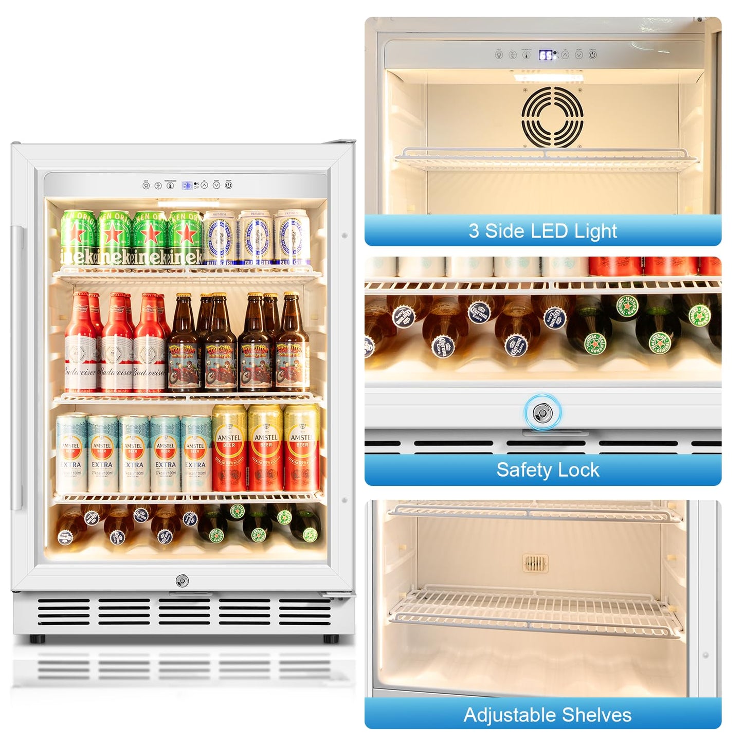 Velivi Beverage Refrigerator, 4.9 Cubic Feet Undercounter/Freestanding 24 Inch Beverage Fridge with Glass Door, LED Light, Safety Lock, Touch Control, Low Noise (White)