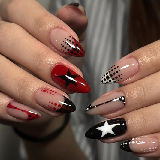 30Pcs Goth Style Press on Nails Medium Almond Fake Nails Red Black with Stars & Polka Dots Glossy Acrylic False Nails Punk Dark French Tip Full Cover Press ons for Women Independence Day Decor