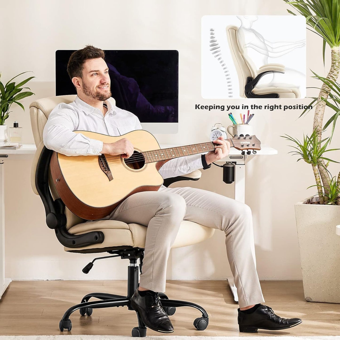 DUMOS Office Chair Set of 2 - Ergonomic Executive Computer Desk Chairs with Adjustable Flip-up Armrest, Swivel Task Chair with Lumbar Support, Strong Metal Base, PU Leather, Cream White