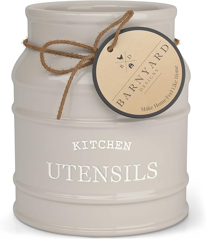 Barnyard Designs Ceramic Farmhouse Utensil Holder for Kitchen Counter, Large Rustic Utensil Crock, Countertop Cooking Tool Spatula Organizer, 6.75â (Taupe)
