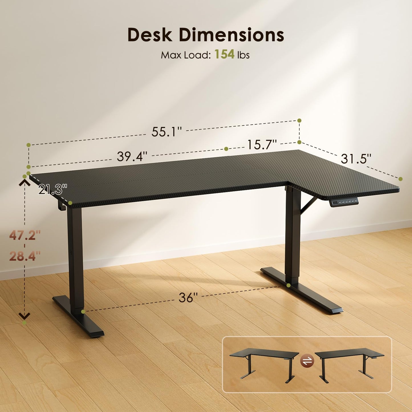 OffiGo Electric L Shaped Standing Desk, 55 Inches Height Adjustable Table, Reversiable Corner Stand Up Desk, Lifting Computer Table for Home Office, Computer Workstation, Carbon Fiber Black