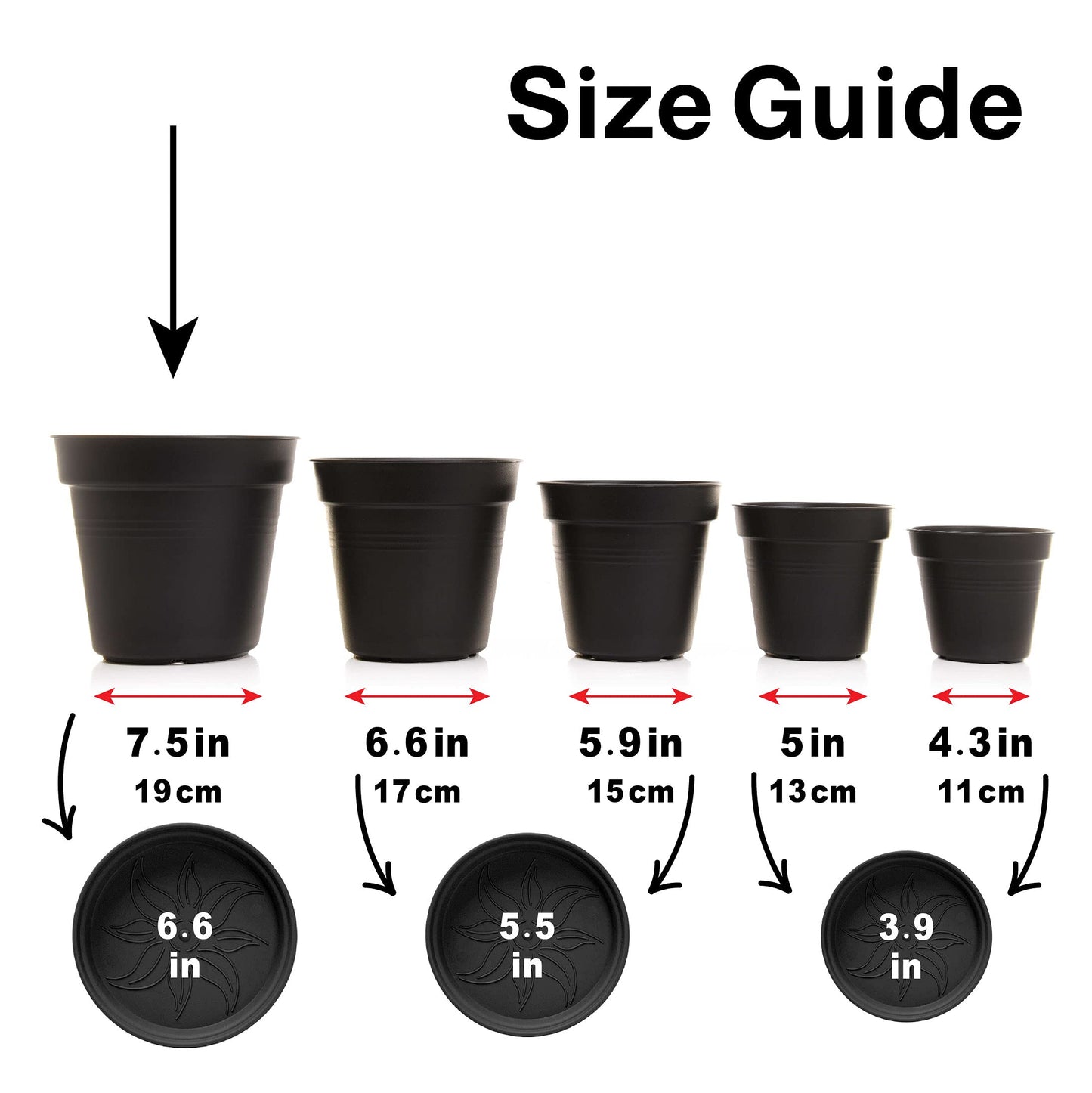 Mintra Garden Pots, 4 Pack Bulk Plastic Plant Pots with Drainage Tray, Round Indoor & Outdoor Decorative Planters with Drain Holes for Flowers, Herbs & Plants, 19cm Diameter – Black, 7.5 in