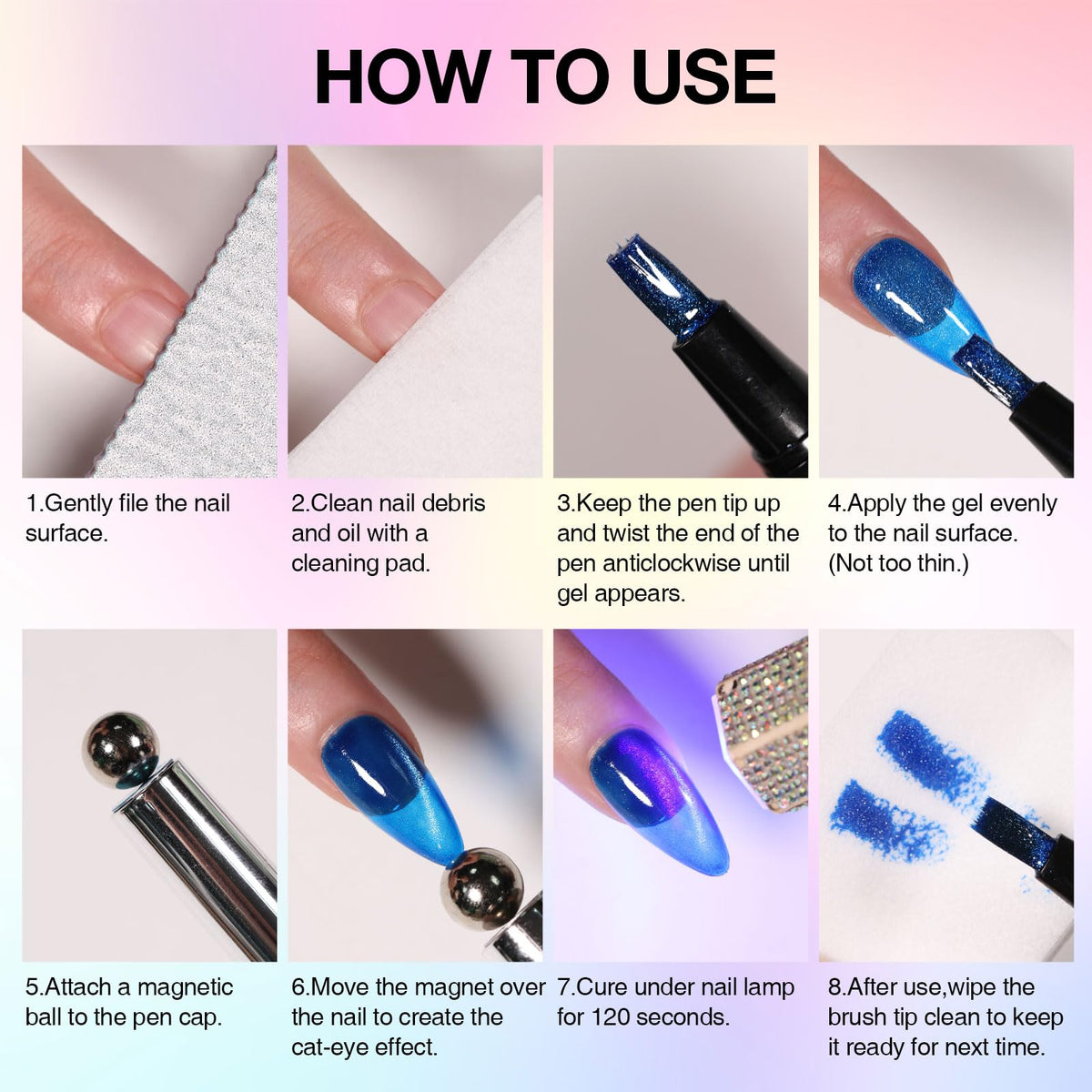 7-in-1 Cat Eye Gel Nail Polish Pen 2pcs, One Step Magnetic Gel Polish with Magnet, No Base/Top Coat Needed, Pink & Purple Glassy Jelly Magnetic Gel Soak Off UV LED Nail Art DIY Home Salon