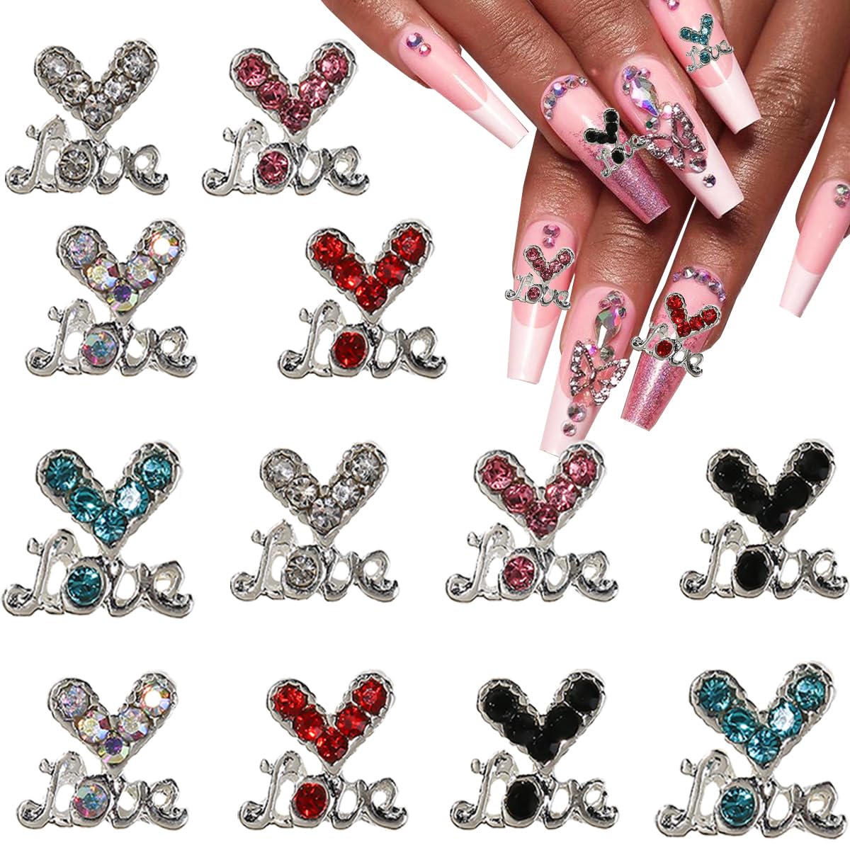 12Pcs 3D Heart Nail Art Charms Silver Nail Charms Heart Nail Accessories Rhinestones Diamond Alloy Nail Gems for Women Girls Valentine's Nail Art Design DIY Craft Jewelry