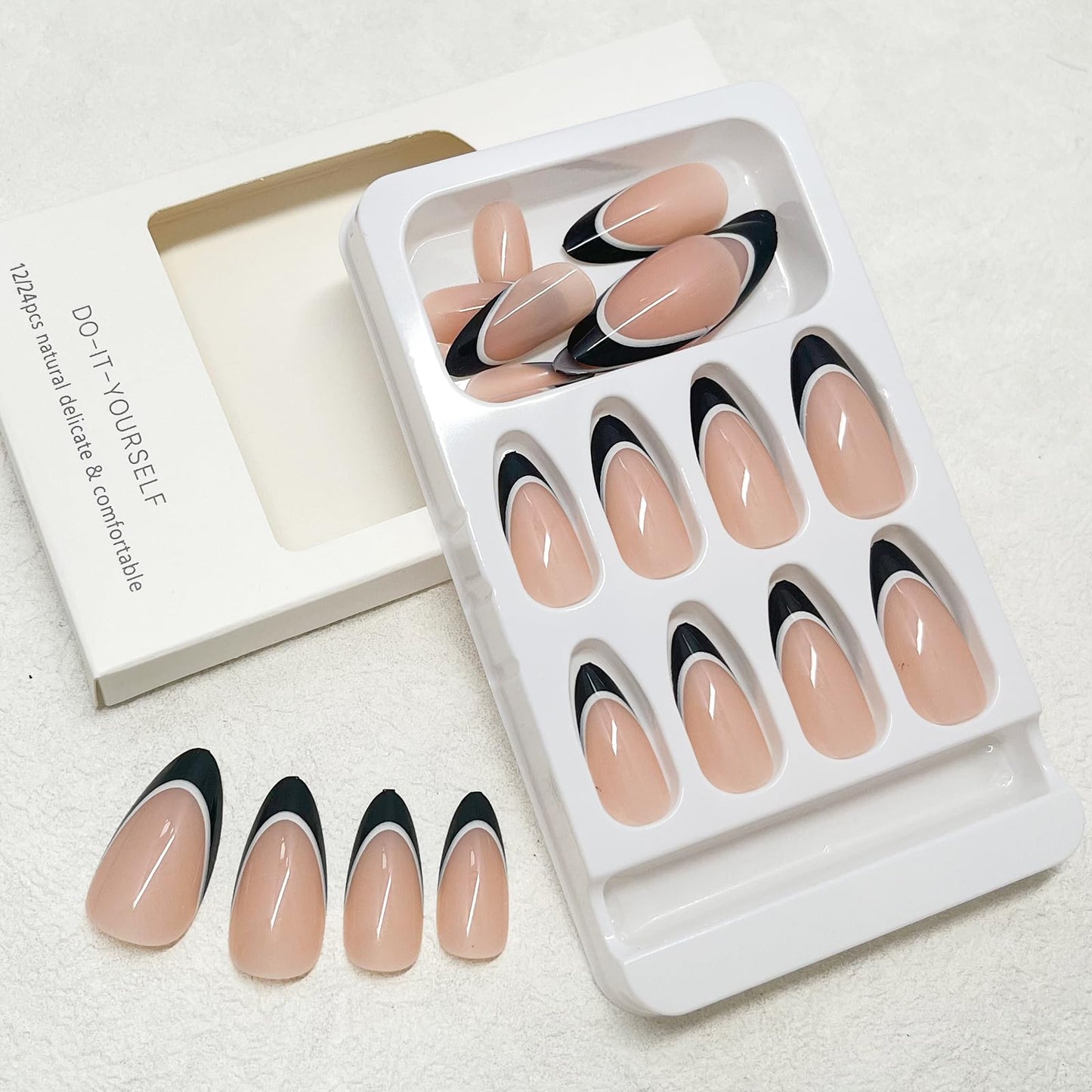 Jremg French Tip Press-on Nails - Medium Almond Shaped, Glossy Black With White Line Design - Full Cover Acrylic Nails for Women and Girls - DIY Manicure Set 24Pcs
