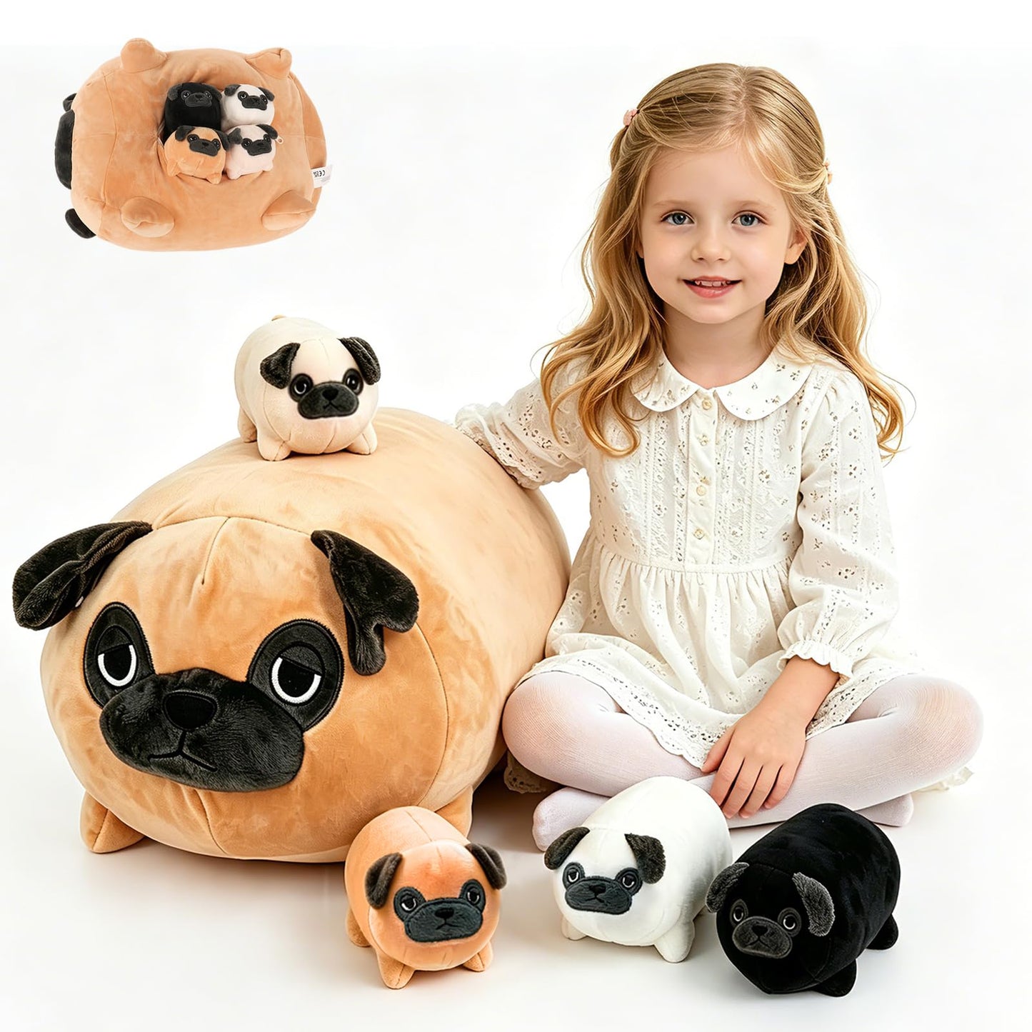 MMguai 16 Inch Large Pug Stuffed Animals with Babies, Mommy Pug Dog with Puppies Inside Belly,Soft French Bulldog Pillow Plush Toy Plushie Gift for Kids Boy Girl, Brithday Decor