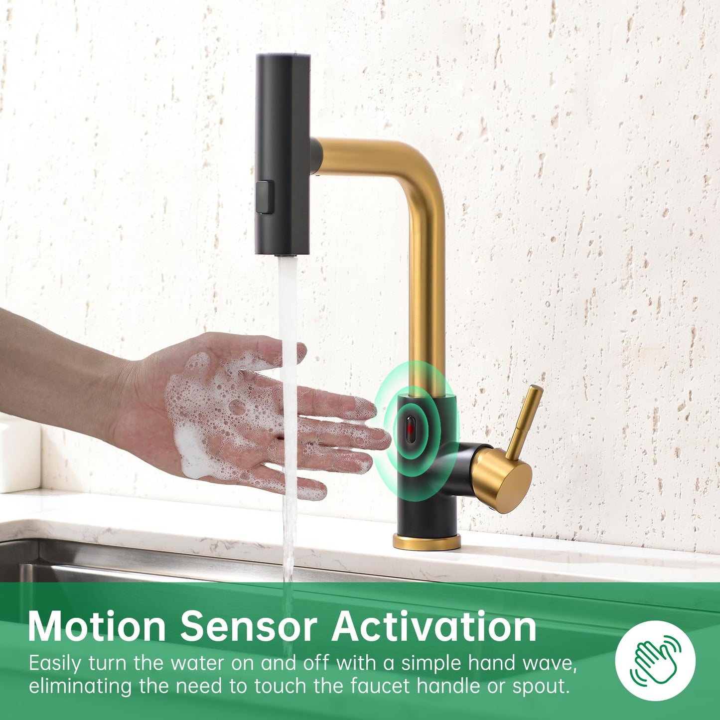 CENOSA Touchless Kitchen Faucet Motion Sensor Hands Free Single Handle Kitchen Sink Faucet with Pull Down Sprayer Black and Gold
