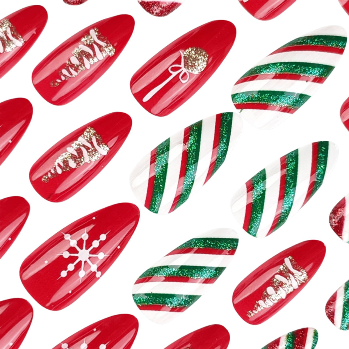 24Pcs Christmas Red Snowflake Press on Nails Long Almond Red Green Stripes Fake Nails with Glitter Christmas Tree Designs False Nails Full Cover Glossy Acrylic Holiday Stick on Nails for Women Girls